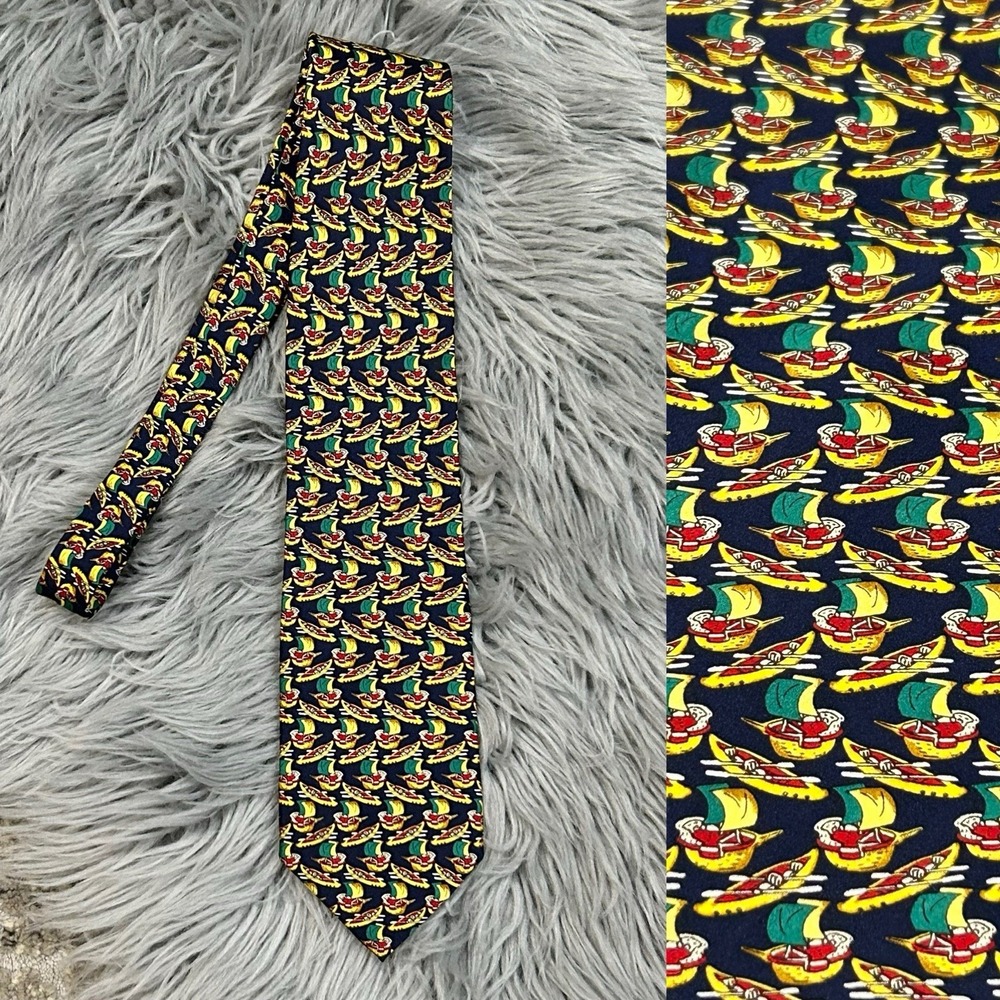 Sinsabang Men's 100% Silk Navy Tie With Canoe & Boat Design Made In Korea